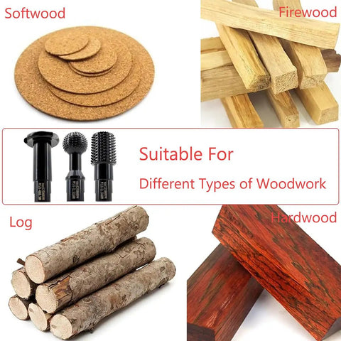 Image showcasing 3 Pc DIY Wood Carving And Deburring Burr Set With Case For Angle Grinders 4 1/2 And 5 Inch 5/8-11 Thread with wood types.