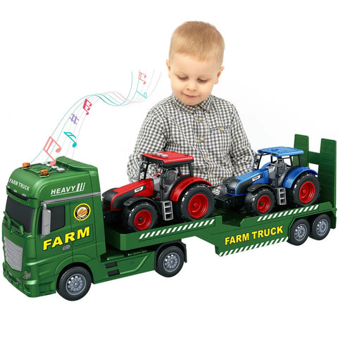 Child playing with Huge 25.6 Inch 3 In 1 Farm Truck Toy Set For Kids Ages 3 To 6 with detachable tractors and lights