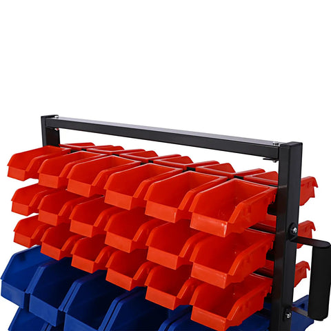 Heavy Duty Double Sided Storage Rack Featuring Ninety Polypropylene Bins Plus Visible Label Tabs Designed For Garage Tool Organization Built With A Rock Solid Steel Frame Equipped With Smooth Rolling Locking Casters For Fast Shop Setups