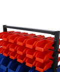Top view of Dual-Sided 9-Tier Rolling Steel Bin Rack With 90 Plastic Bins On Wheels, highlighting orange and blue bins.