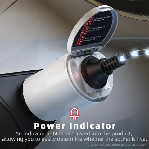 Slick Type Two V2L EV Charger Adapter showcases integrated power indicator light for easy operation while camping or tailgating.