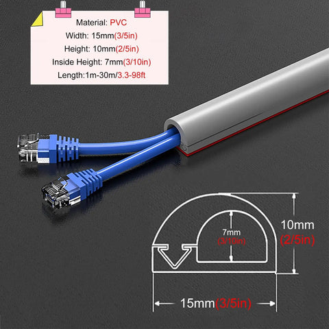 Peel And Stick Wall Cord Cover And Raceway For TV Mounts Extra Long Cable Concealer 15mm by 10mm with 98 Feet Run, Gray PVC