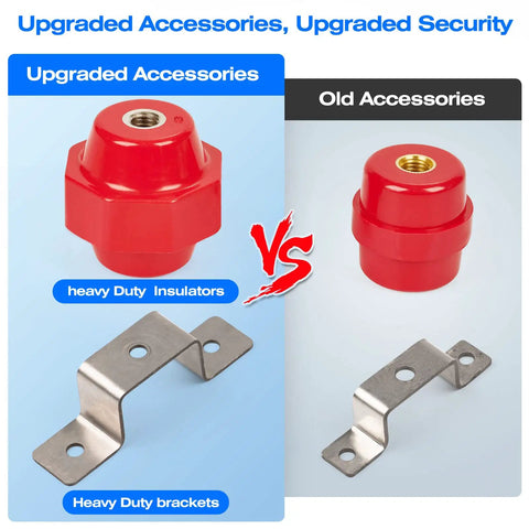 Comparison of heavy duty insulators and brackets vs old accessories for copper ground bar kit