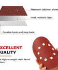 Pro Grade 70 Pack 9 Inch Sanding Discs Hook And Loop Self Stick 8 Hole For Drywall Sander layers and hand holding disc