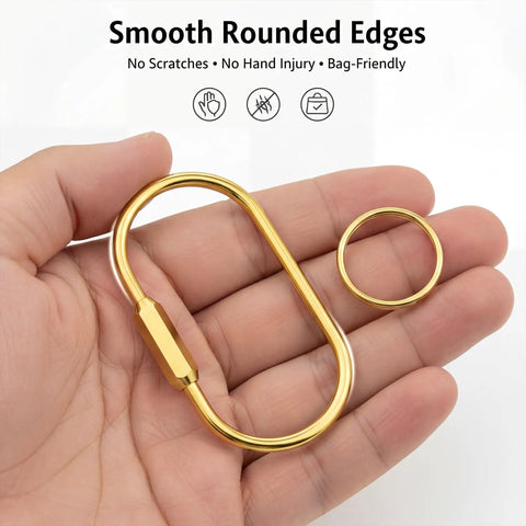 Close-up of a hand holding a gold carabiner and O-ring, showcasing Six Pack Gold Carabiner Key Ring Clips With Brass Screw Lock For Backpacks.