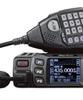 Dual Band Mobile Radio Transceiver For Car with color LCD and microphone, VHF UHF 144-148 and 420-450 MHz displayed.