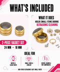 Brass And Stainless Steel Mesh Ultrasonic Cleaner Basket Set Built Tough Like Nails For Tiny Watch Parts Delicate Charms And Medium Rings Quick Drain Setup Straight Up Deep Clean Power Pack Of 2 including 16mm and 24mm sizes shown.