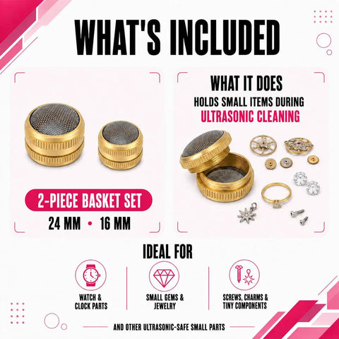 Brass And Stainless Steel Mesh Ultrasonic Cleaner Basket Set Built Tough Like Nails For Tiny Watch Parts Delicate Charms And Medium Rings Quick Drain Setup Straight Up Deep Clean Power Pack Of 2 including 16mm and 24mm sizes shown.