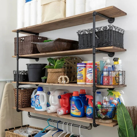 Industrial Pipe Shelving Set Wall Mounted Rustic Floating Iron Shelves in Home Kitchen Office with items for storage and display.