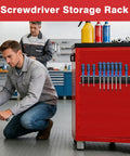 Heavy Duty Magnetic Tool Holder With 18 Holes Screwdriver Organizer on red cabinet in workshop scene