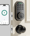 Dead Simple Keyless Entry Door Lock With Knob Set In Classic Oil Rubbed Bronze and smartphone app for control.