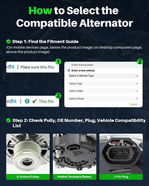 Guide on selecting compatible alternator with fitment guide and compatibility list for Plug-And-Play Alternator Replacement For Kia Sorento 2.4L 2012-2014, Optima 2.0L to 2.4L 2014-2015, Hyundai Sonata 2.4L 2014, Santa Fe Sport 2.0L to 2.4L 2013-2016 Replaces OE 37300-2G855 37300-2G800 37300-2G850 373002G800.
