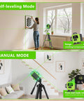 16 Line 360 Self Leveling Green Laser Level With Tripod Kit showing self-leveling and manual modes, ideal for DIY projects.