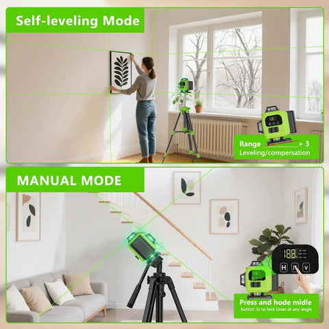 16 Line 360 Self Leveling Green Laser Level With Tripod Kit showing self-leveling and manual modes, ideal for DIY projects.