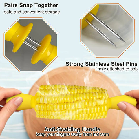 Six Pairs Stainless Steel Corn Holders Set with silicone grips at the sides of a steaming corn on the cob showing interlocking design.