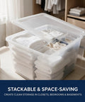 Kick Closet Clutter To The Curb With This Dang Sturdy 58 Quart Medium Clear Plastic Storage Bin featuring folded towels and secure lid.