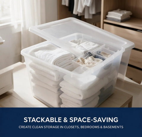 Kick Closet Clutter To The Curb With This Dang Sturdy 58 Quart Medium Clear Plastic Storage Bin featuring folded towels and secure lid.