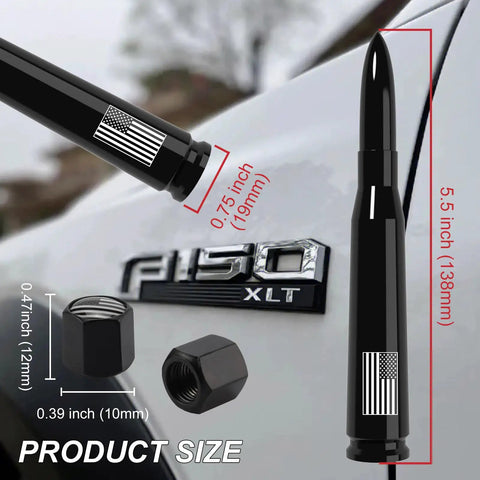 50 Cal Bullet Antenna With American Flag Finish For Ford F150 F250 F350 Super Duty Ford Raptor Bronco Trucks Anti Theft Technology Replacement Accessory And Black Tire Stem Caps with dimensions