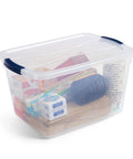 Clear 32 Qt Stackable Storage Bins With Lids 6 Pack For Closet And Laundry Organization Durable Plastic Containers With Recessed Handles And Lay Flat Latches Great For Home Storage And Easy Stacking filled with household items