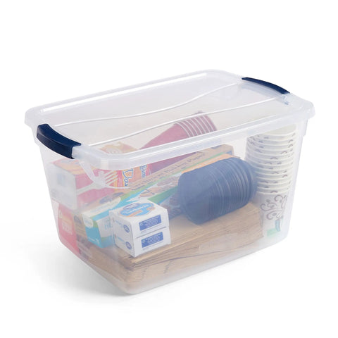 Clear 32 Qt Stackable Storage Bins With Lids 6 Pack For Closet And Laundry Organization Durable Plastic Containers With Recessed Handles And Lay Flat Latches Great For Home Storage And Easy Stacking filled with household items