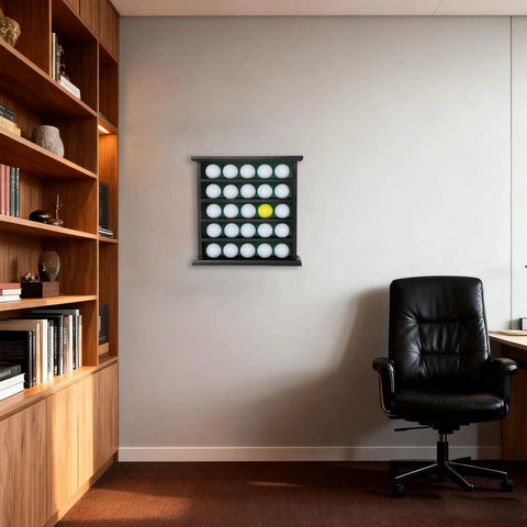 Office with 25 Golf Ball Display Case Wall Mount Rack For Golfers, black wooden holder mounted holding golf balls