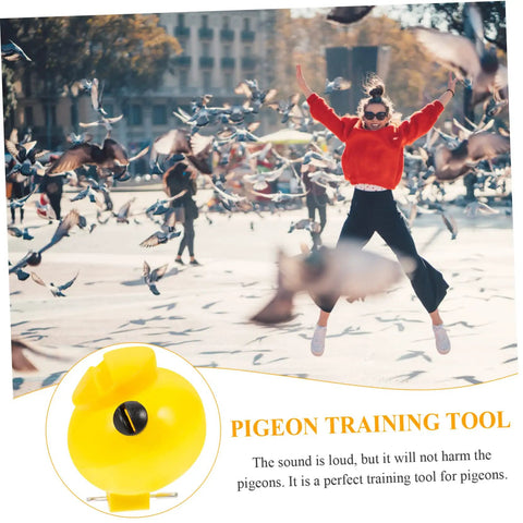 Woman jumping with pigeons and Two Pack Portable Three Tone Pigeon Training Whistles for Communication and Outdoor Loft Training Bird Supplies