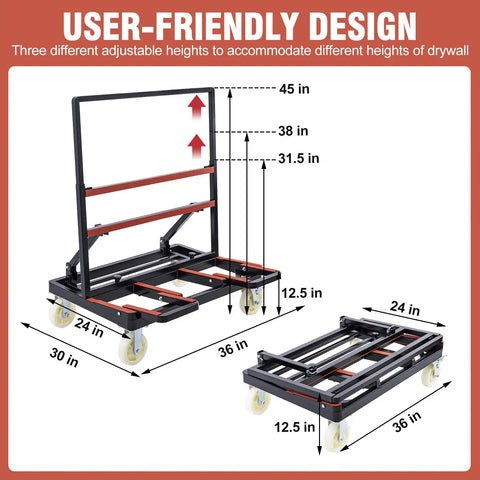 This Workhorse Heavy Duty Drywall Moving Cart With 2400 Lbs Capacity Folding Panel Dolly Adjustable Height shown with dimensions and wheels