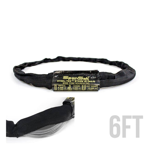Tough 6-Foot SpanSet Truss Rigging Sling with SteelTex Round Design showing label and cross-section with steel cable core.