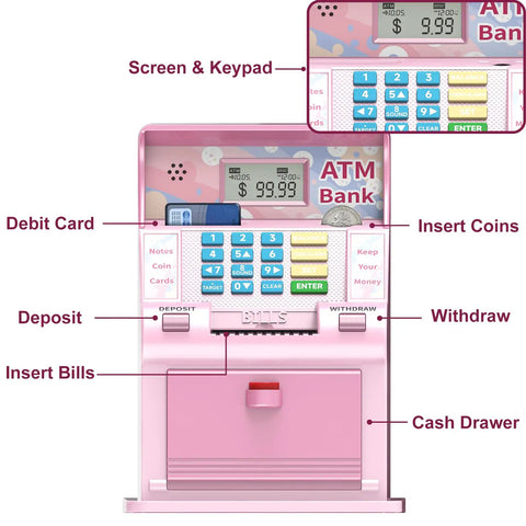 Kid Friendly Debit Card Piggy Bank With 4 Digit PIN Realistic Bank Style For Real Money Coin Recognition Balance Tracker