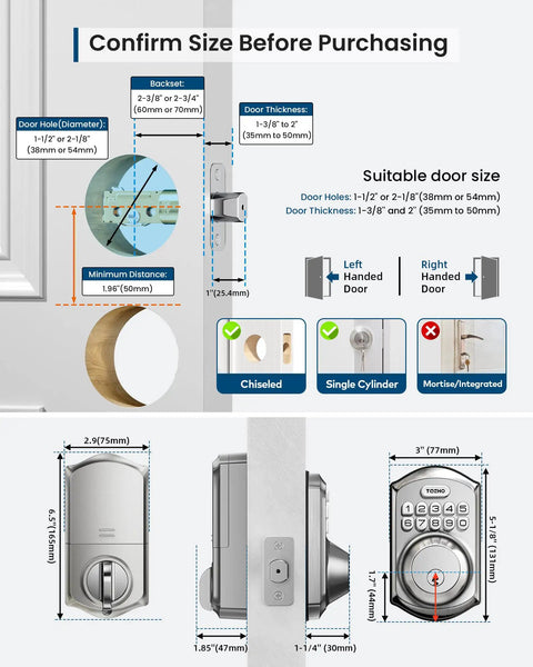 Detailed measurements of Stress Free Keyless Entry Wifi Keypad Deadbolt Smart Lock For Front Door with door size guide.