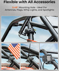 One Piece UTV Flag And Whip Light Mounting Bracket For 1.75 To 2 Inch Roll Bar Cage mounted on vehicle with accessories