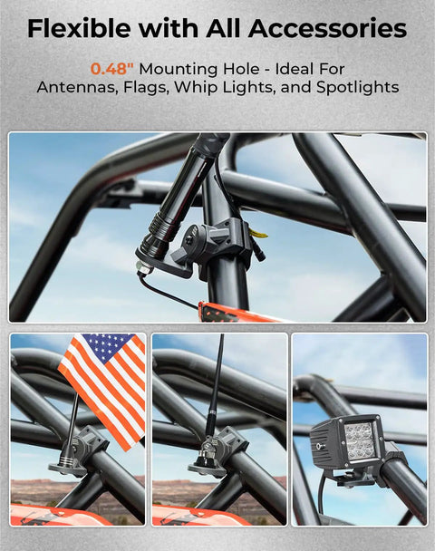 One Piece UTV Flag And Whip Light Mounting Bracket For 1.75 To 2 Inch Roll Bar Cage mounted on vehicle with accessories
