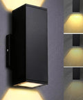 Dusk To Dawn Outdoor Sensor Porch Lights Two Pack No Fuss 12W 2700K Integrated LED Up Down Wall Sconces IP65 Waterproof Aluminum Exterior Lighting For Porch Patio And Garden Matte Black, shown illuminated on wall