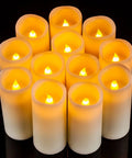 Flameless LED Candles Set Of 12 Ivory Real Wax Pillar Candles 2.2 Inch Diameter By 5 Inch Tall arranged in circle, lit effect