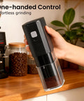 Road Trip Ready Portable Electric Coffee Grinder With Adjustable Stainless Steel Burrs, USB Rechargeable with one-handed operation.
