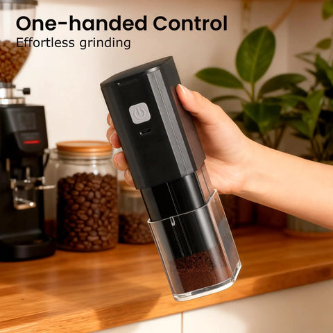 Road Trip Ready Portable Electric Coffee Grinder With Adjustable Stainless Steel Burrs, USB Rechargeable with one-handed operation.