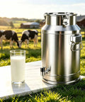 Heavy Duty 1.3 Gallon To 26.4 Gallon Stainless Steel Milk Can With Black Spigot For Fresh Liquid Storage And Dispensing Without Dents Or Deformation next to a glass of milk.