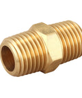 Close-up of solid brass hex nipple, 1/4 in NPT x 1/4 in NPT male, double-ended pipe fitting