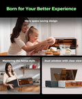 Creality Falcon A1 10W laser engraver, enclosed with orange viewing window, shown in three views