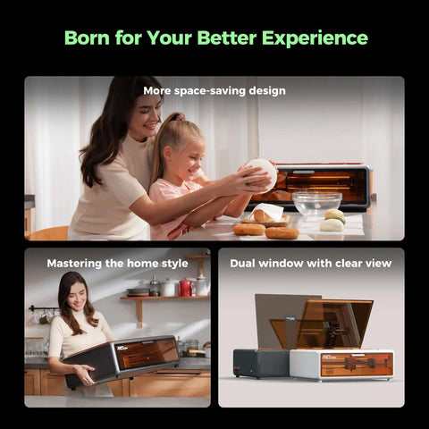 Creality Falcon A1 10W laser engraver, enclosed with orange viewing window, shown in three views