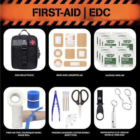 First-aid essentials from 48 Hour Survival Kit With 228 Pieces Of Go Bag Gear For Emergency Prep, First Aid, Water Filtration, Food, Tools