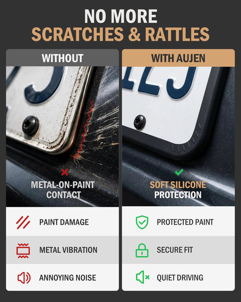 Comparison image showing heavy duty silicone license plate frame set in matte black preventing paint damage and noise.
