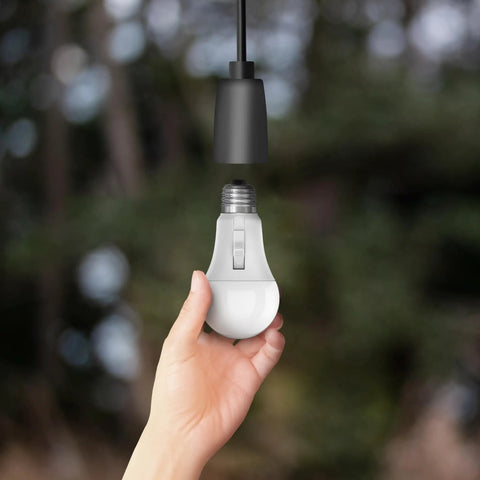 Hand holding A19 LED Motion Sensor Bulb With 60W Equivalent, 5CCT Options, E26 Base, 800 Lumens, Auto On Auto Off, Smart Energy Saving Lighting For Hallways And Rooms In Any Home.