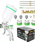 Hvlp Gravity Feed Paint Sprayer Gun Featuring 1.4mm Tip Plus Replaceable 1.7mm And 2.0mm Nozzles with aluminum body and mixing jar.