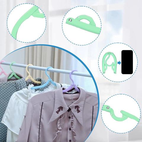10 Pack Travel Hangers for Cruises and Trips, colorful folding hangers holding clothes on a rack, lightweight travel essentials