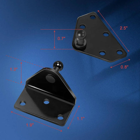 Rock Solid Heavy Duty 28 Inch Gas Strut With Mounting Bracket For Truck Bed Tonneau Cover RV Murphy Bed Snowmobile Trailer DIY Lift Support No Sweat Install 200 Lb Force, black mounting bracket dimensions shown.