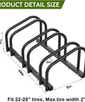 Three Bike Floor Stand For Garage And Home, No Fuss Parking Rack For Indoor Outdoor Storage, Fits 22 To 28 Inch Wheels, Tire Width Up To Two Point One Inches, Space Saving Bike Organizer with dimensions shown