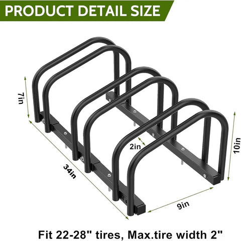 Three Bike Floor Stand For Garage And Home, No Fuss Parking Rack For Indoor Outdoor Storage, Fits 22 To 28 Inch Wheels, Tire Width Up To Two Point One Inches, Space Saving Bike Organizer with dimensions shown