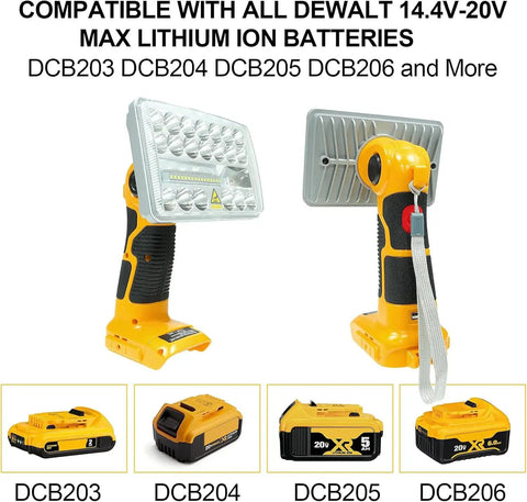 20V Cordless LED Work Light With 18W 2000 Lumen Output, USB Charging Port, compatible with DCB180, DCB200 batteries, shown with batteries