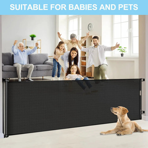 Family and a dog behind a 120 Inch Extra Wide Retractable Baby Gate For Large Openings Perfect For Doorways And Indoor Outdoor Use Ultra Long Mesh Pet Gate For Dogs And Puppies Wall Baseboard Friendly Easy Install Black.